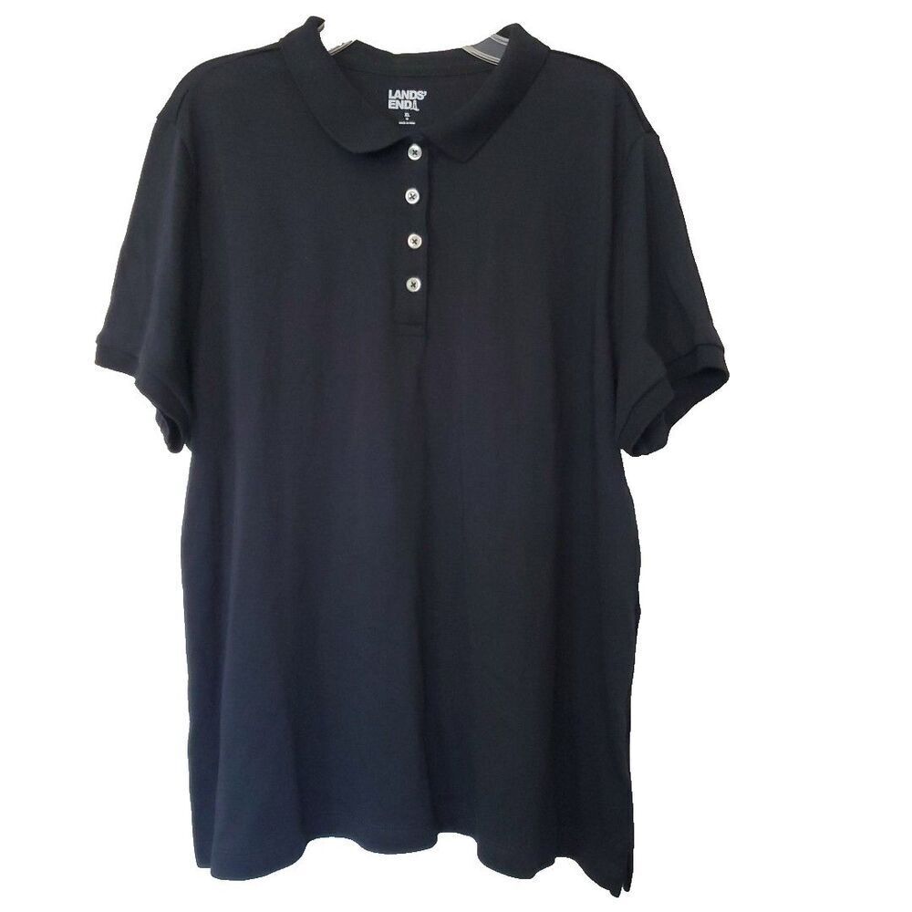 Lands End Womens XL Black Short Sleeve Polo Shirt Cotton Blend Solid Casual Top